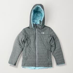 The North Face Hooded Jacket Girls L Grey Turquoise Faux Fur Lined Winter Coat